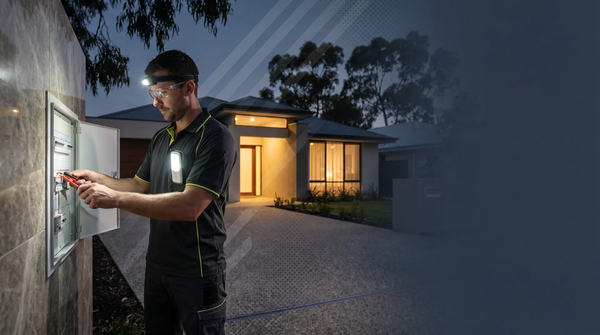 Knight Electrical WA electrician inspecting a switchboard at dusk