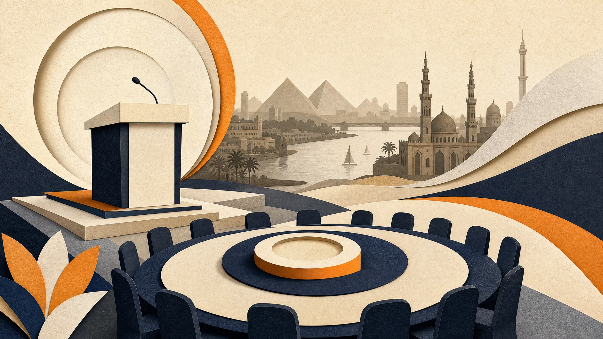 Editorial illustration of a BRICS conference in Cairo