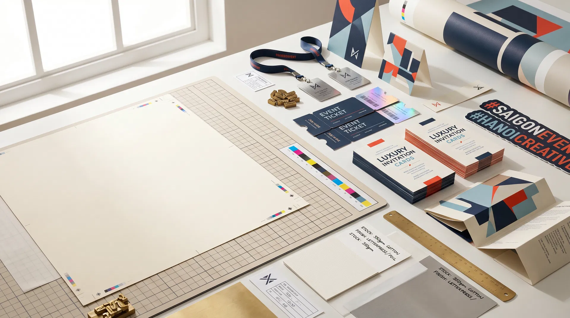 Bộ ấn phẩm in ấn sự kiện được sắp đặt trong studio hiện đại