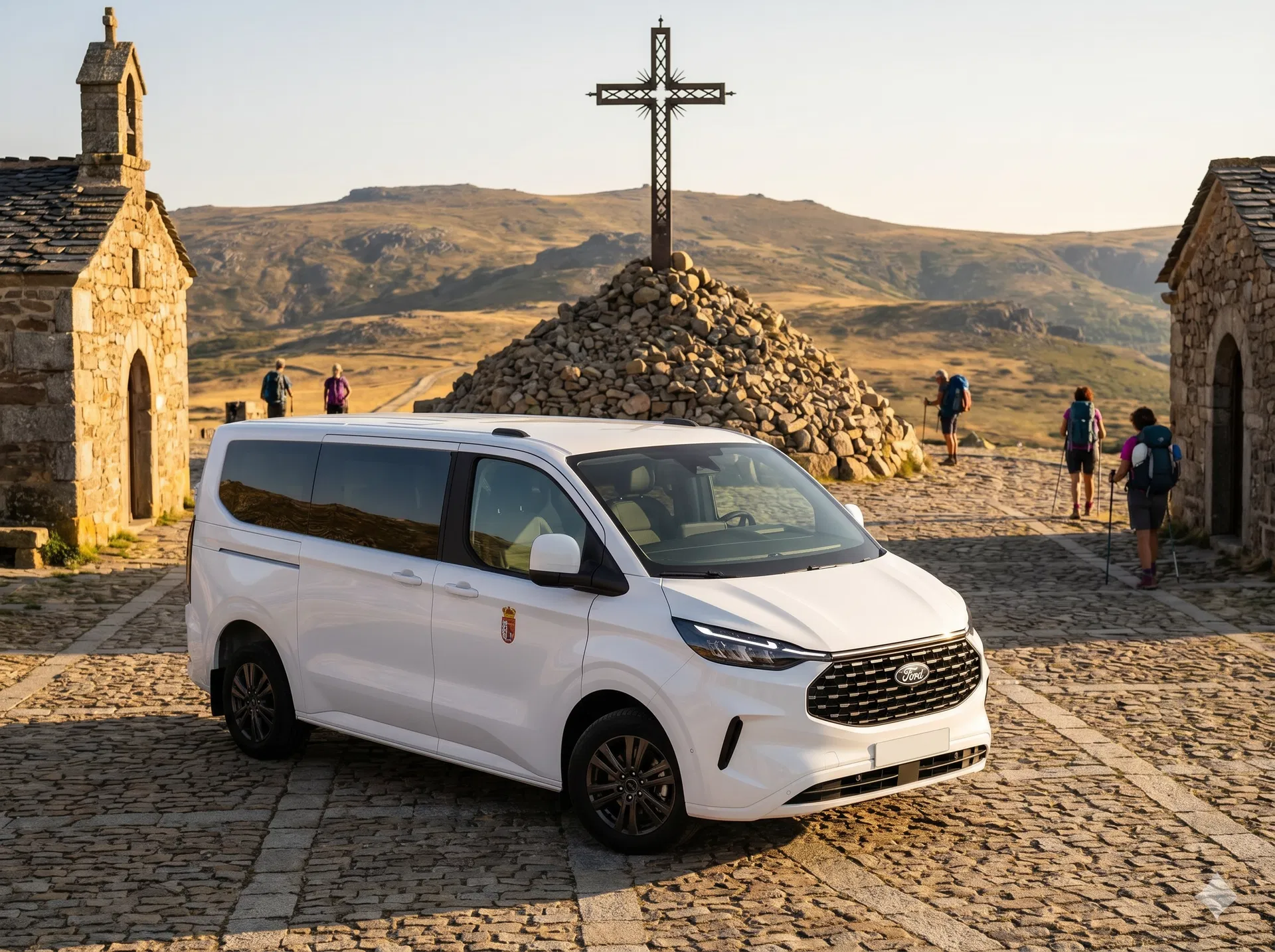 Taxi para peregrinos en la Cruz de Ferro de Foncebadón, delante de la ermita, con la furgoneta blanca y el logo de taxi en la puerta